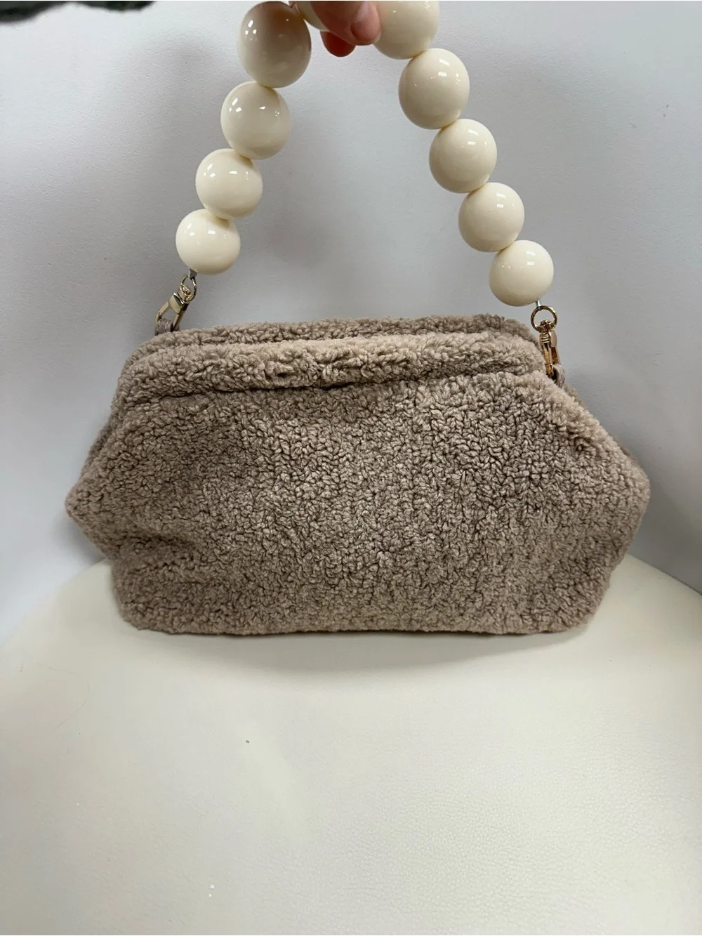 Ah-Dorned Teddy Sherpa Clutch w/ Oversized Beaded Handle Neutral Taupe Bag